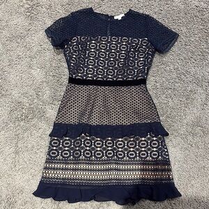 Chelsea28 Blue and Tan Tiered Ruffled Dress